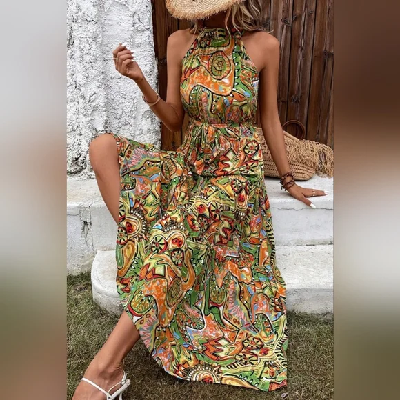 Dresses | Grecian Highneck Belt Waist Sleeveless Bold Colorful Tiered Maxi  Summer Dress | Poshmark